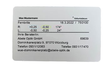 Brillenpass: Beispiel mit Werteangabe im Brillenpass bei abele-optik